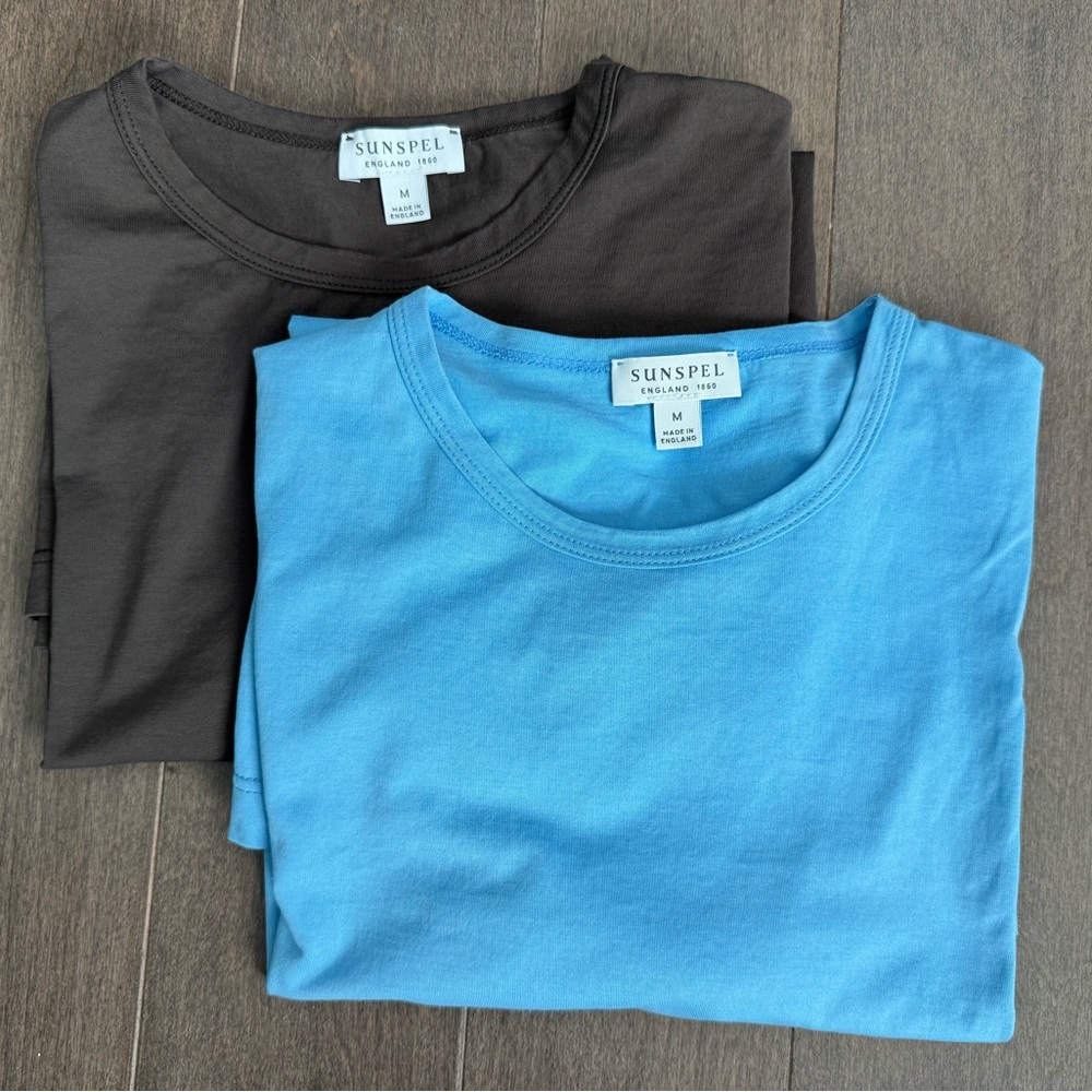 Sunspel Men's Tees in Sky Blue &  Brown with grey tone (Medium, Made in England)